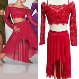 Kelle dance costume solo costume 2 piece red skirt lace crop top LC child Teen